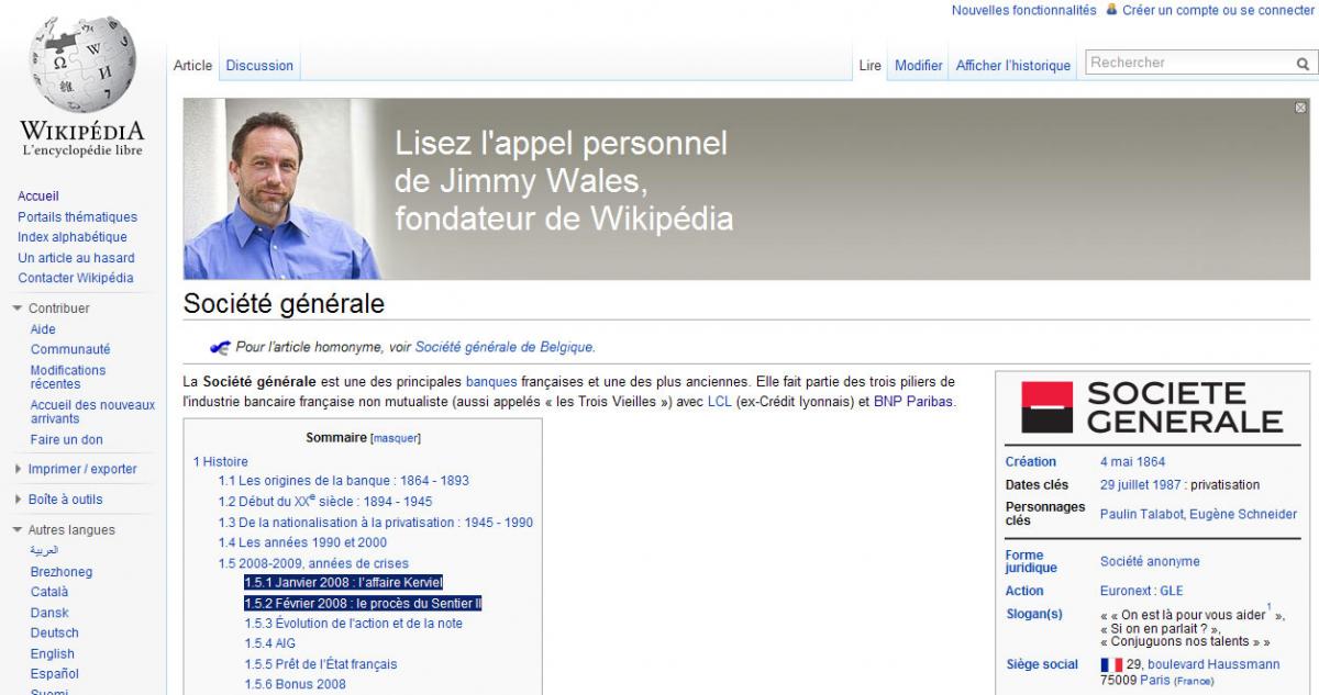 extrait de la page Wikipedia de la Société Générale : contenu péjoratif