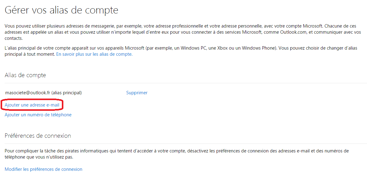 interface d'Outlook.com : ajout d'alias e-mail