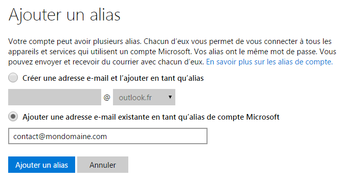 interface d'Outlook.com : ajouter un alias e-mail