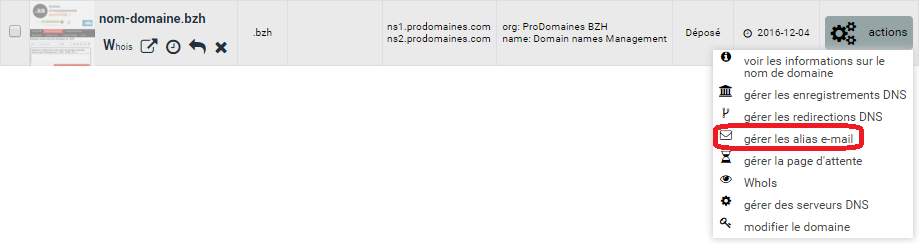 interface de Systonic : création d'alias de redirection e-mail