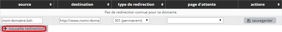 capture d'écran de l'extranet ProDomaines : créer une redirection 301 pour un nom de domaine