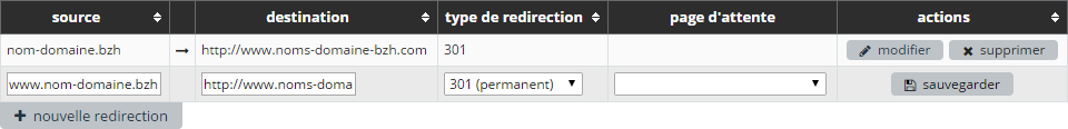 capture d'écran de l'extranet ProDomaines : multiples redirections sur un même nom de domaine