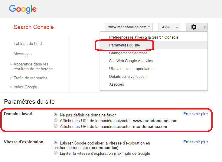 interface de la Google Search Console : déclaration de domaine favori