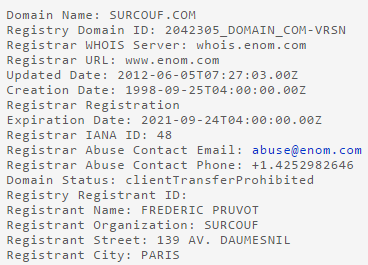 whois de surcouf.com : réservé jusqu'en 2021