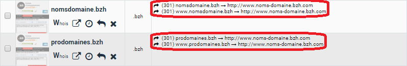 capture d'écran de l'extranet ProDomaines : paramétrage réussi d'une redirection 301 depuis un nom de domaine