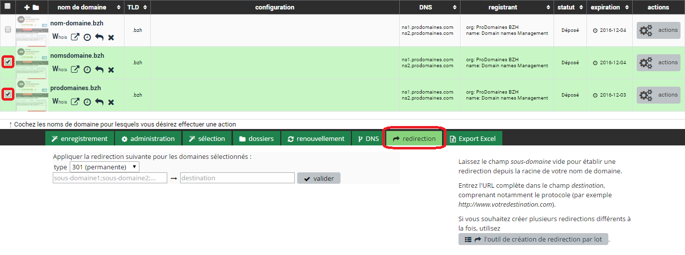 capture d'écran de l'extranet ProDomaines : redirection de nom de domaine