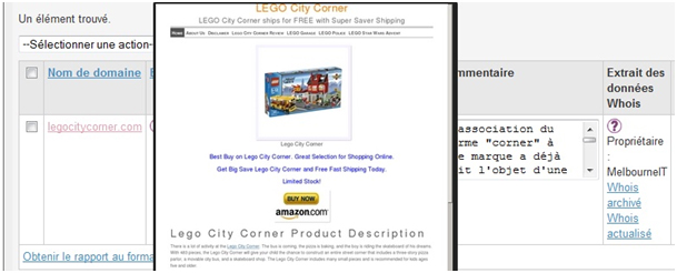 capture d'écran de l'interface Keep Alert : cybersquatting de Lego