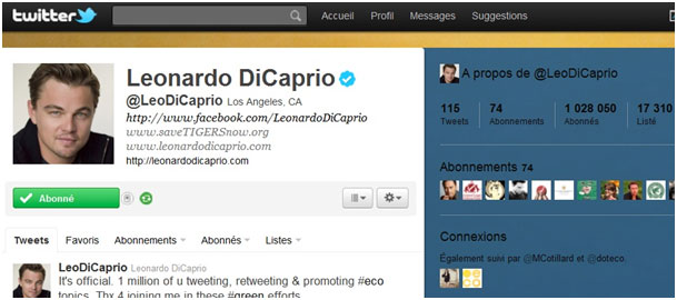 page twitter de Leonardo DiCaprio