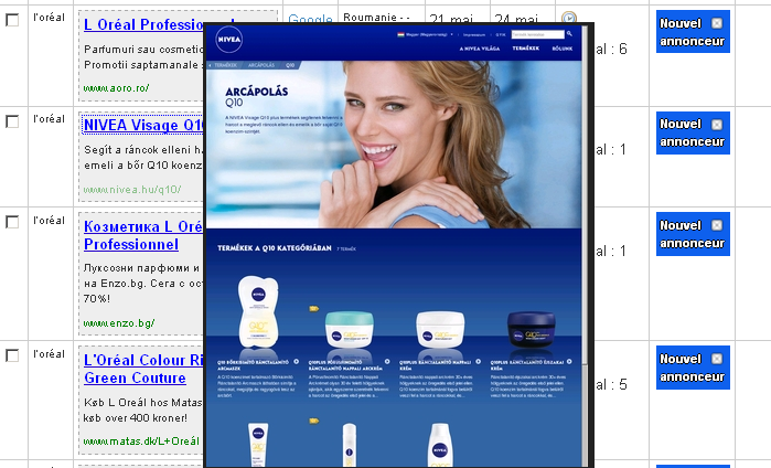 capture d'écran de l'interface Keep Alert : détection concurrentielle de L'Oréal sur Google Adwords