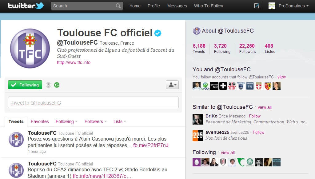 screenshot de la page Twitter du Toulouse football club
